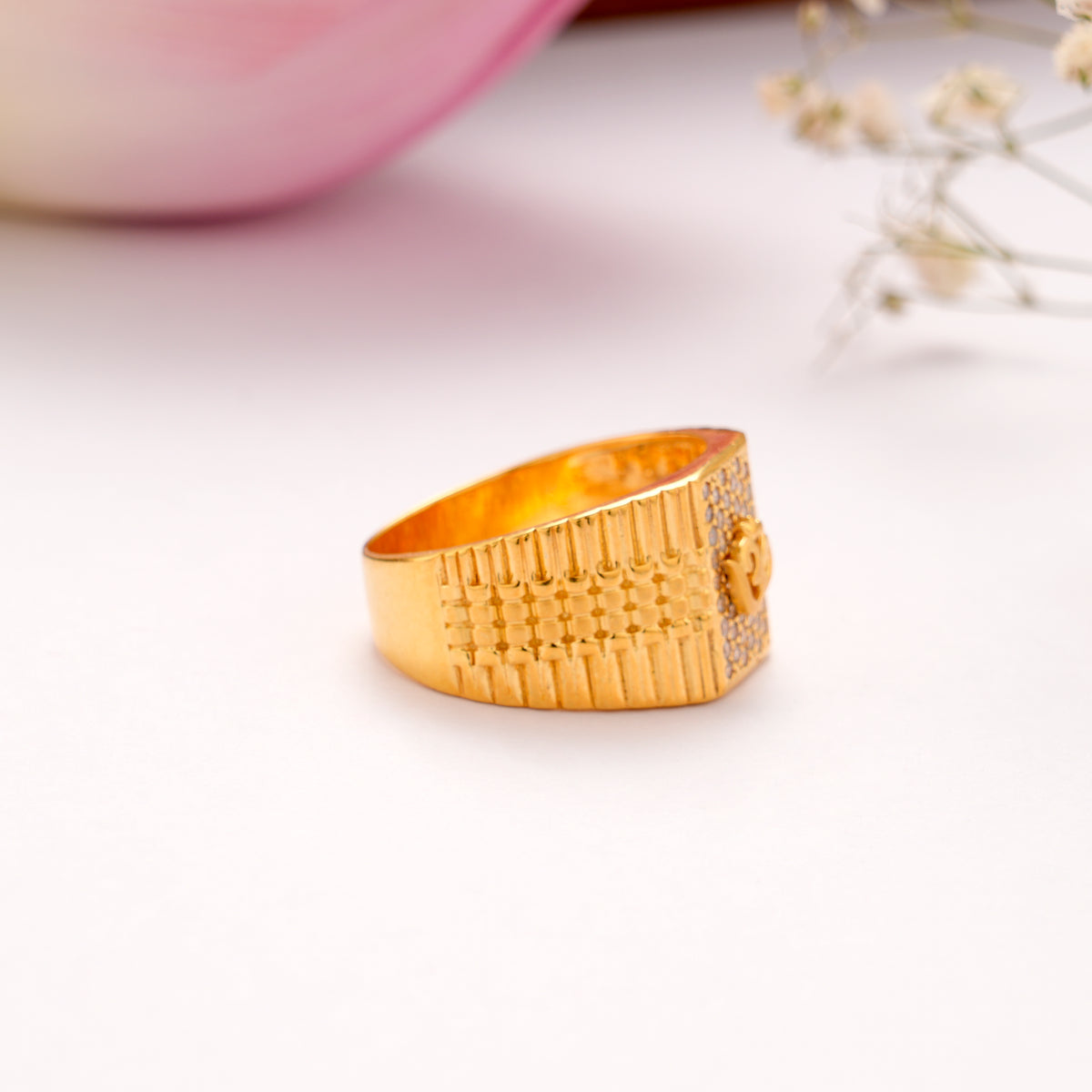 OM Pattern White Stone Golden Ring