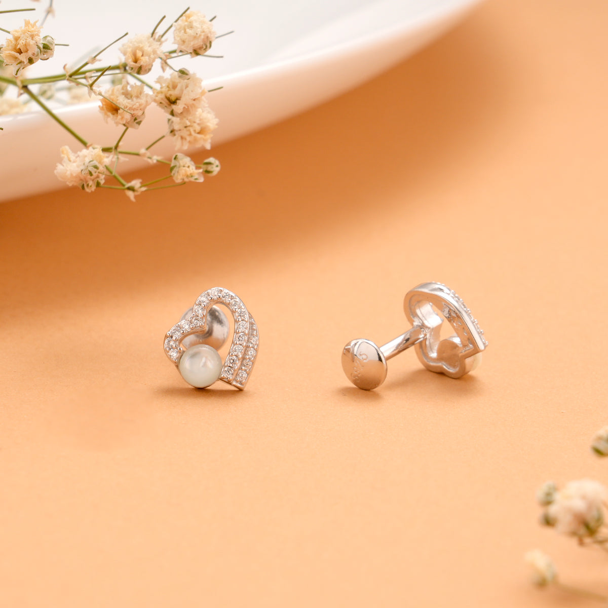 Tiny Pearl with Stone Heart Silver Stud