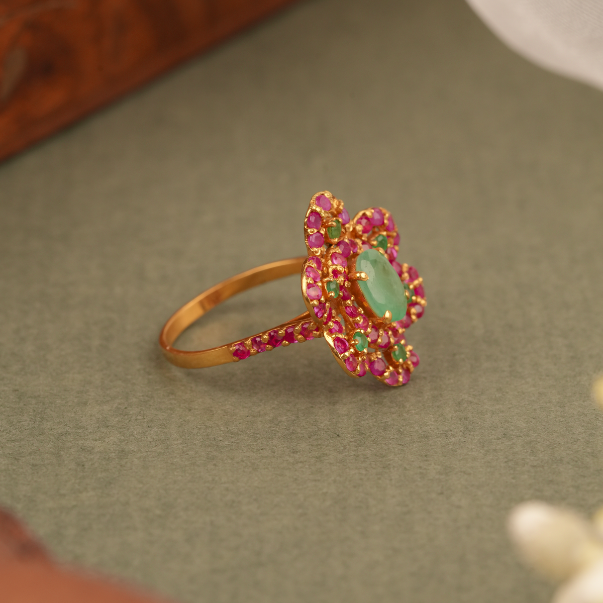 Beautiful Ruby Stone Floral Gold Ring