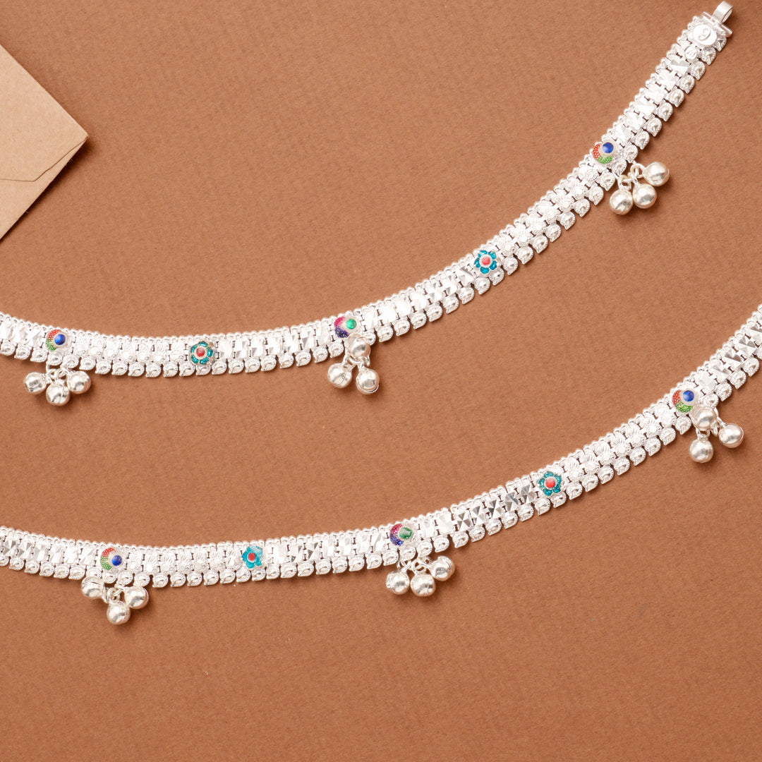 Floral Bell Drop Silver Anklet