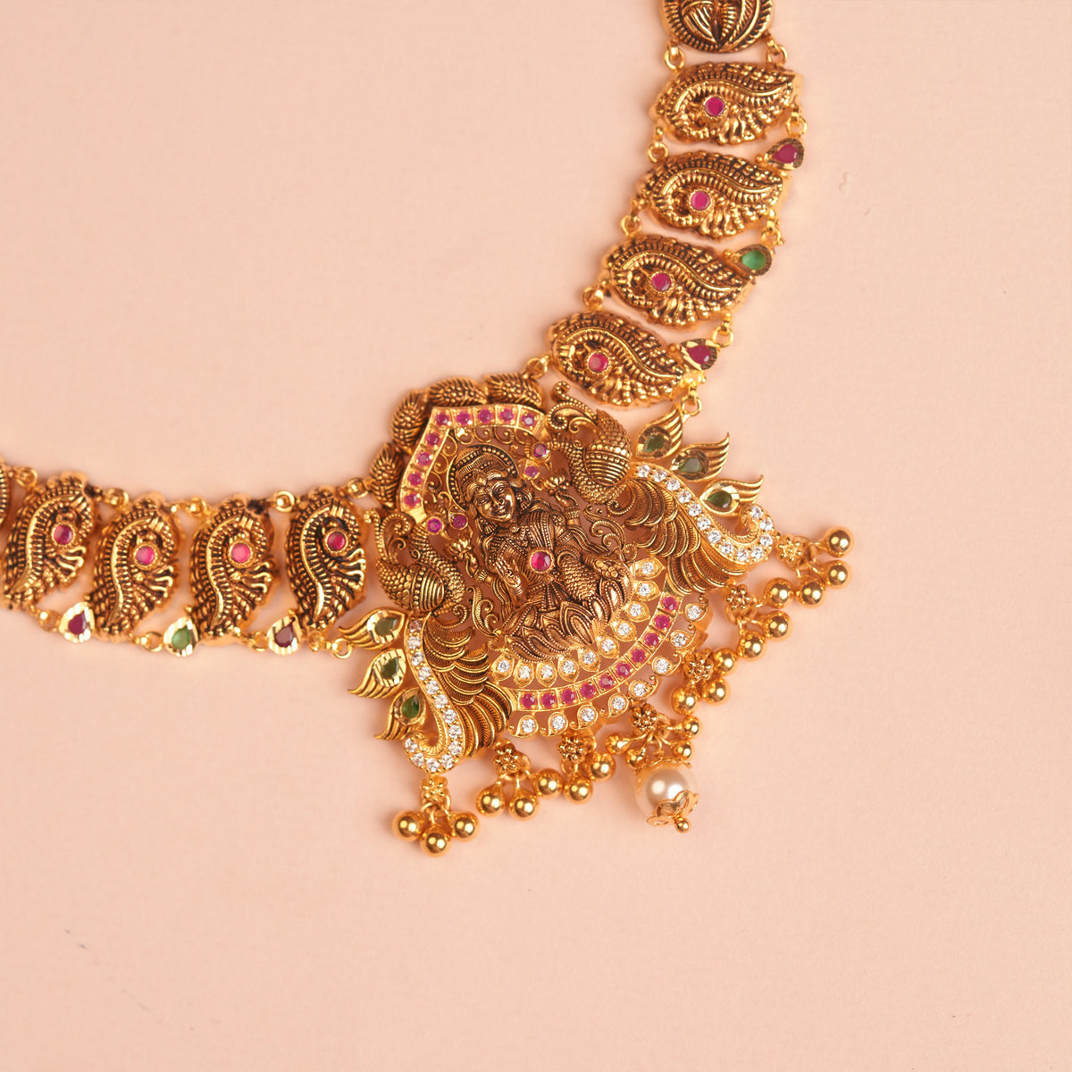Gold Peacock Temple Necklace with Paisley Motif Chain and Ruby Green Stones