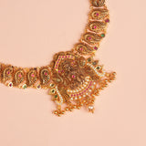Gold Peacock Temple Necklace with Paisley Motif Chain and Ruby Green Stones
