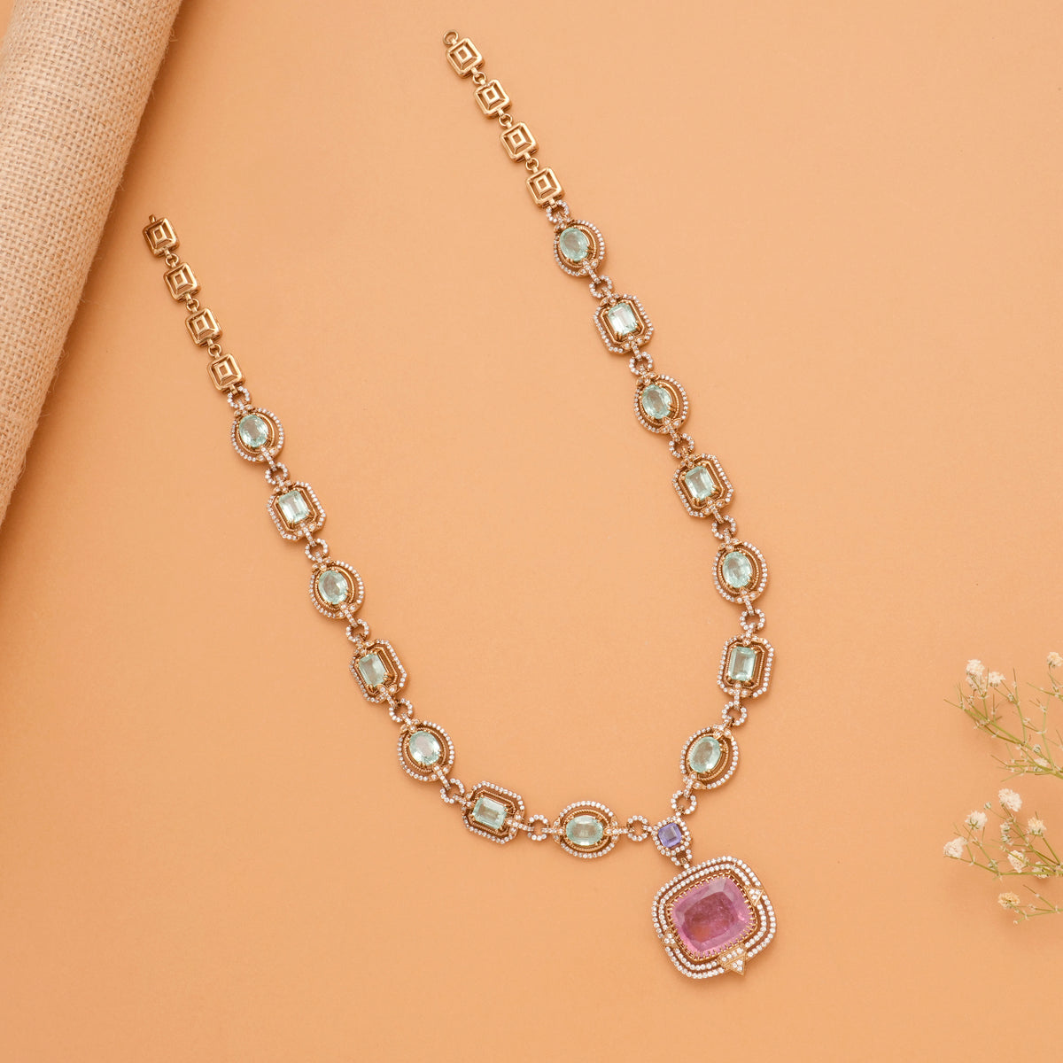 Modern Multi Stone Golden Necklace Set