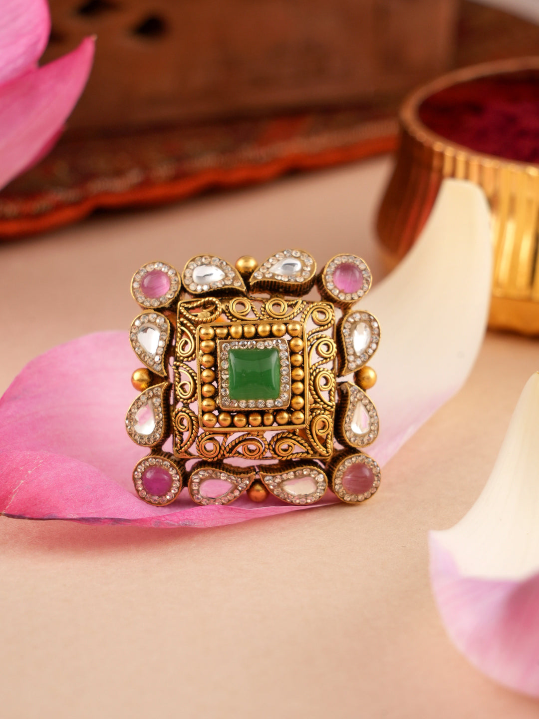 Antique Kundan Multi Stone Square Gold Ring