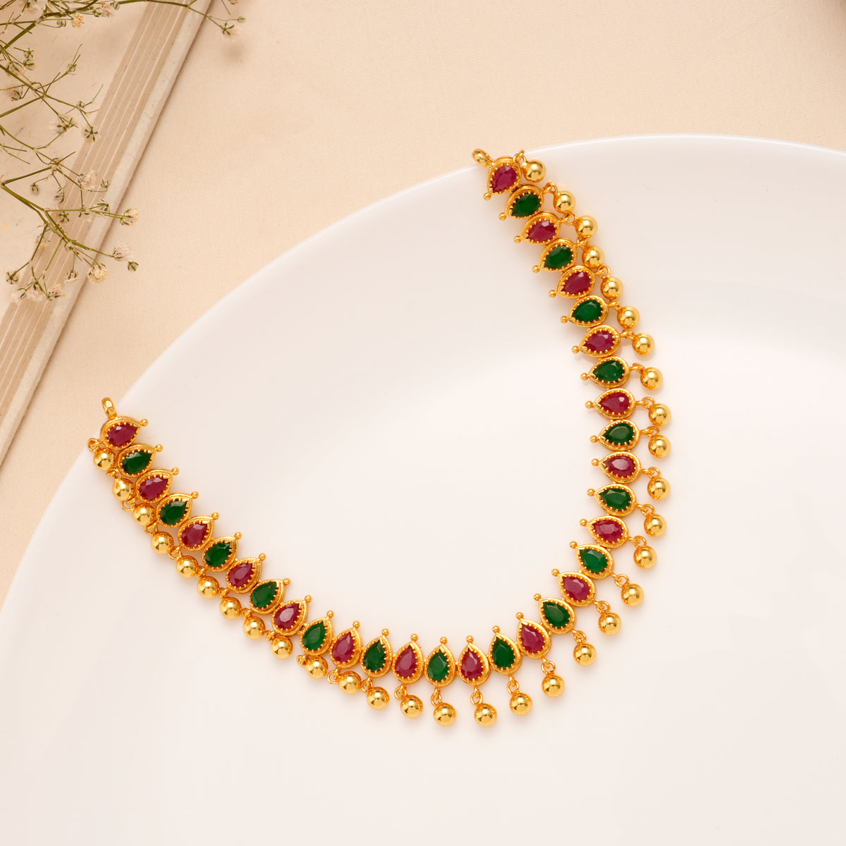Emerald Blossom Leaf with Golden Balls Necklace Set