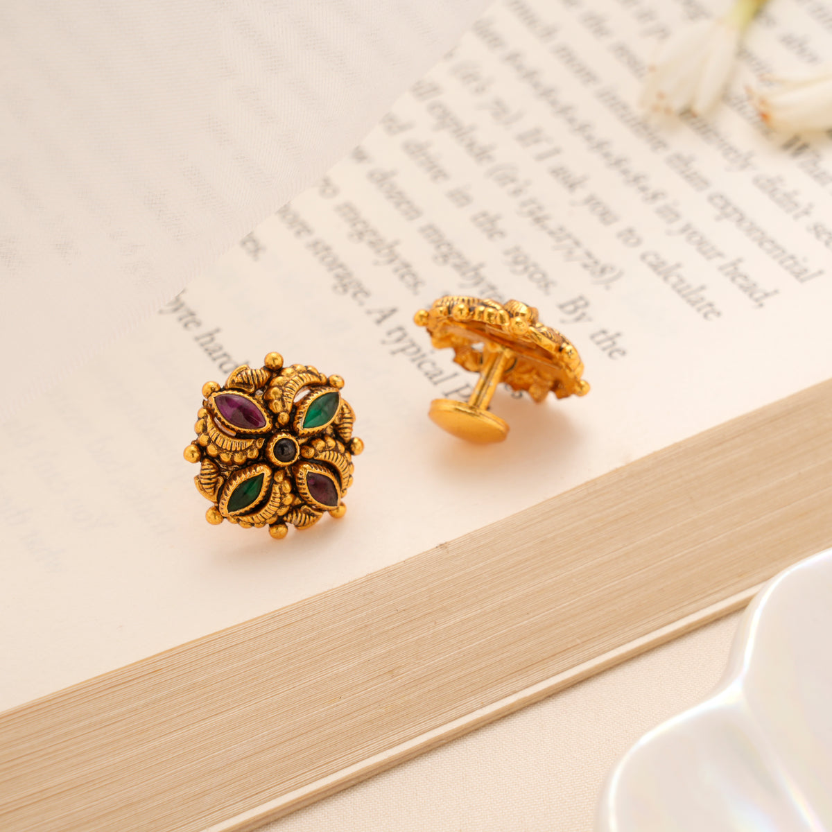 Floral Antique Silver Golden Kundan Stud