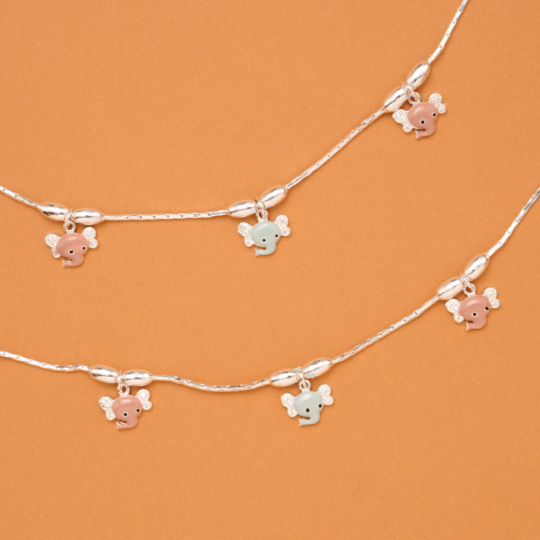 Pink & Blue Elephant Charm Baby Silver Anklet