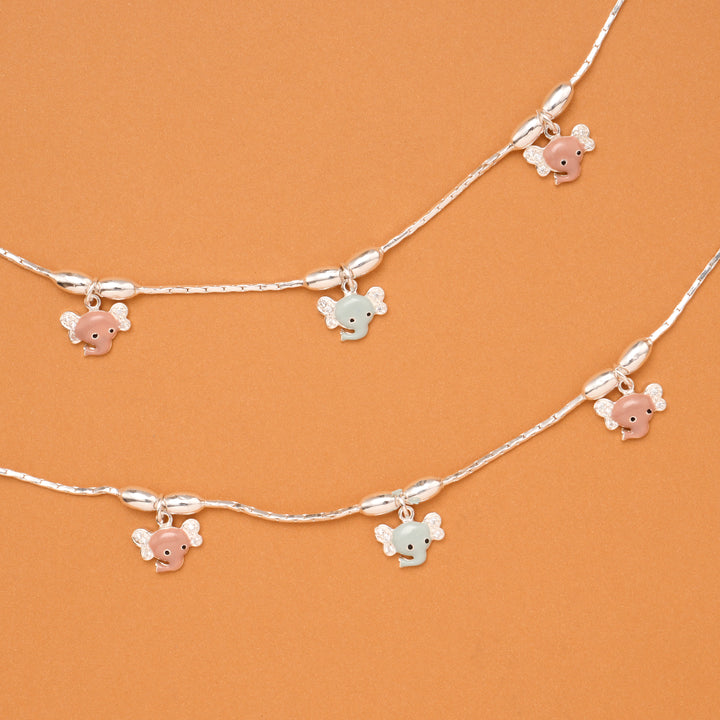 Pink & Blue Elephant Charm Baby Silver Anklet