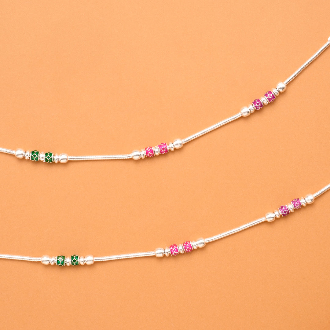 Green & Pink Bead Silver Anklet