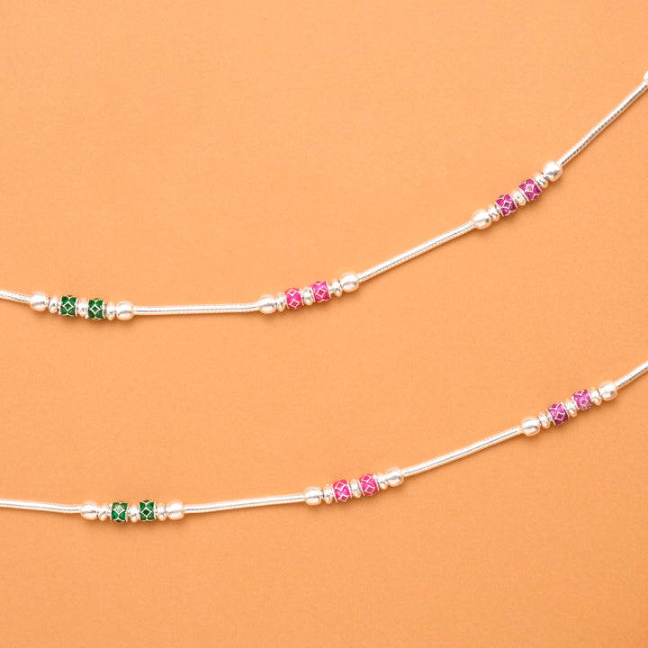Green & Pink Bead Silver Anklet