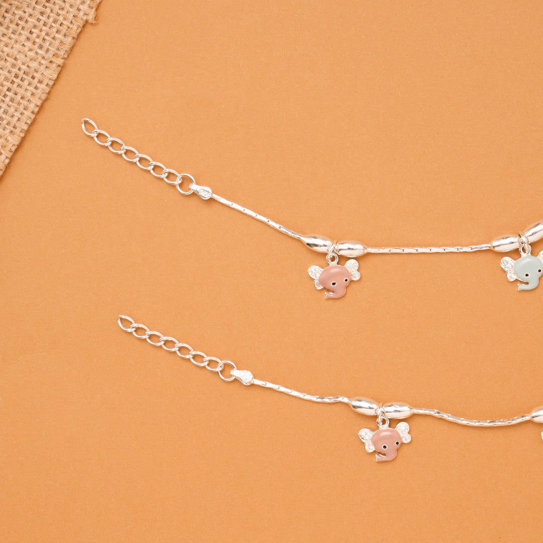 Pink & Blue Elephant Charm Baby Silver Anklet