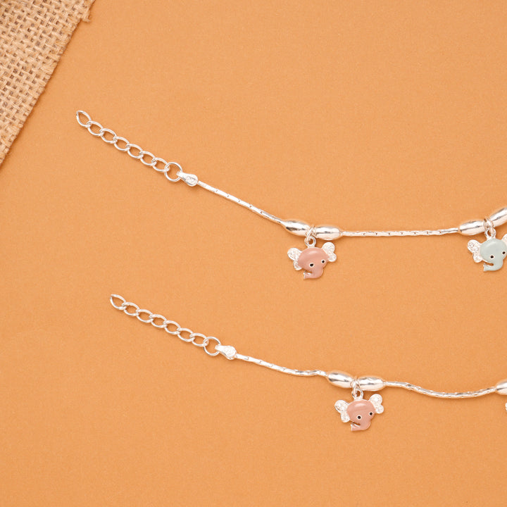Pink & Blue Elephant Charm Baby Silver Anklet