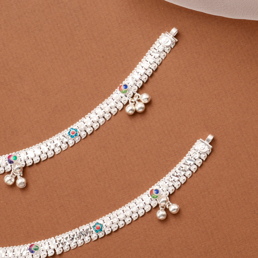 Floral Bell Drop Silver Anklet