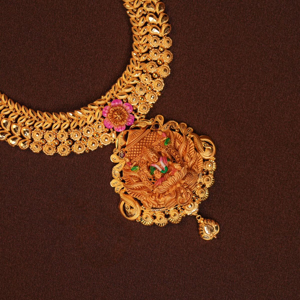 Temple Inspired Lakshmi with Meenakshi Amman Gold Necklace