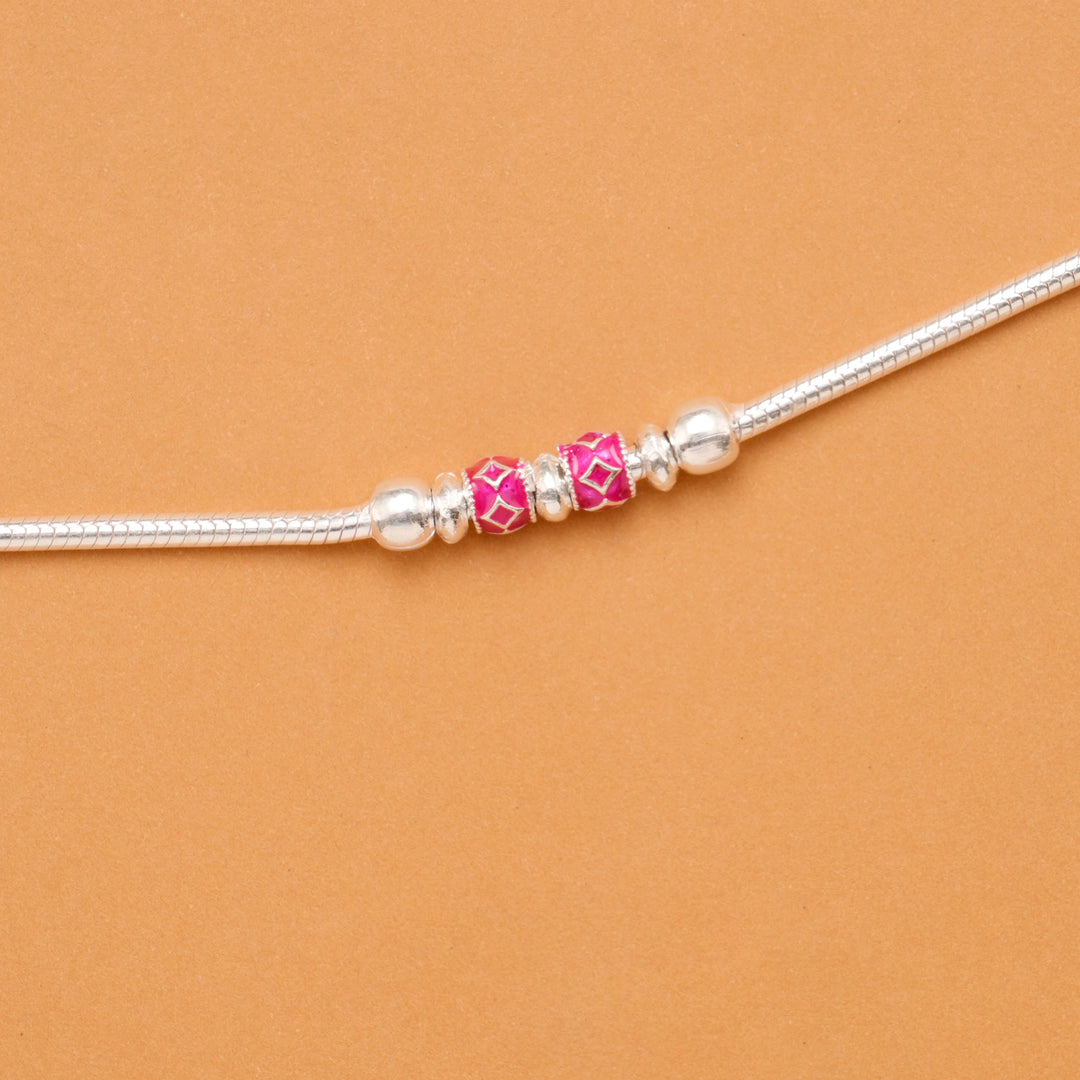 Green & Pink Bead Silver Anklet