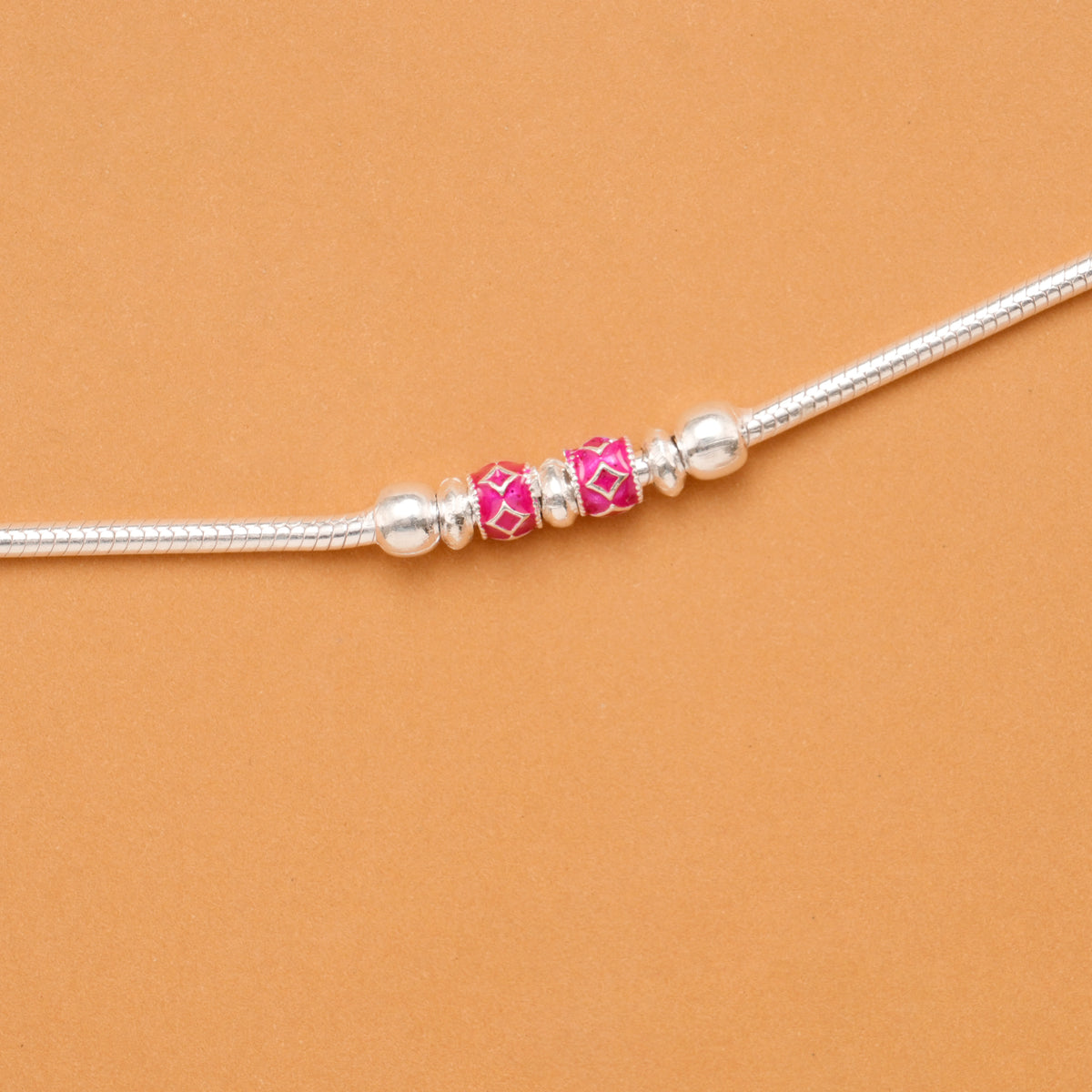 Green & Pink Bead Silver Anklet
