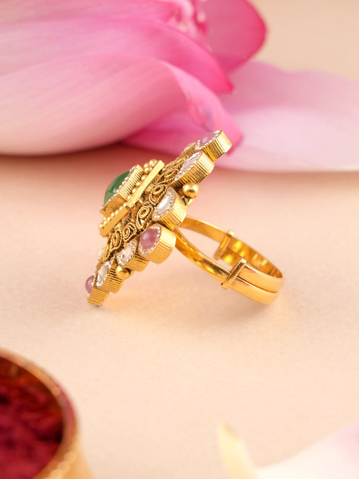Antique Kundan Multi Stone Square Gold Ring