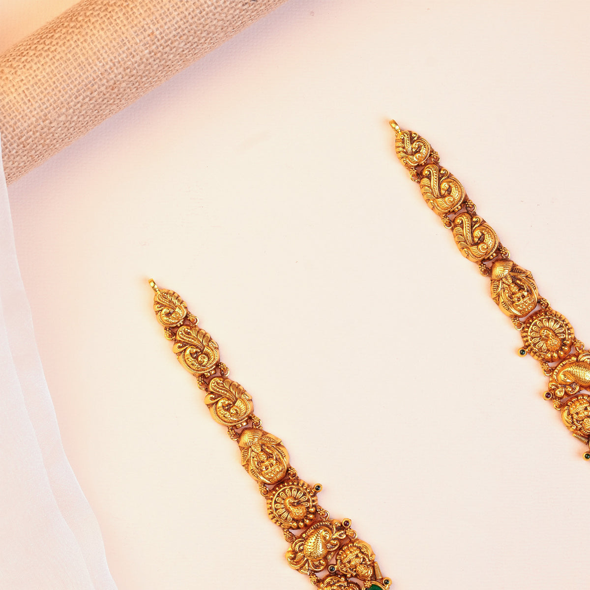 Silver Lakshmi Lotus Temple Haram with Mango Motifs and Gold Ball Drops