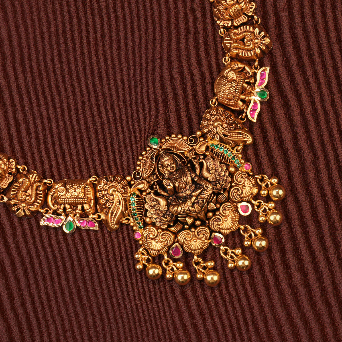 Traditional Gold Antique Lakshmi with Peacock Necklace