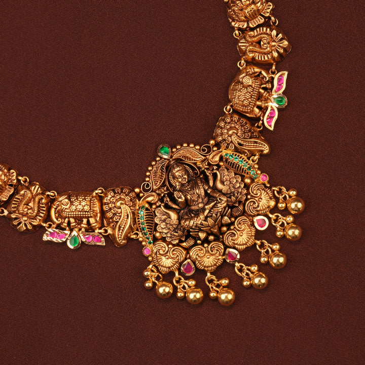 Traditional Gold Antique Lakshmi with Peacock Necklace