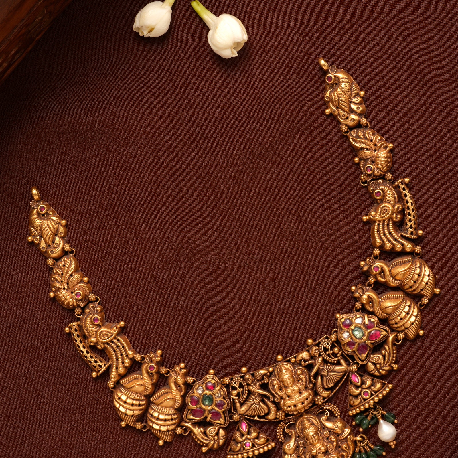 Goddess Gold Lakshmi with Emerald Beads Necklace