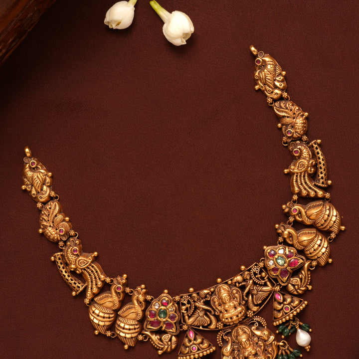 Goddess Gold Lakshmi with Emerald Beads Necklace