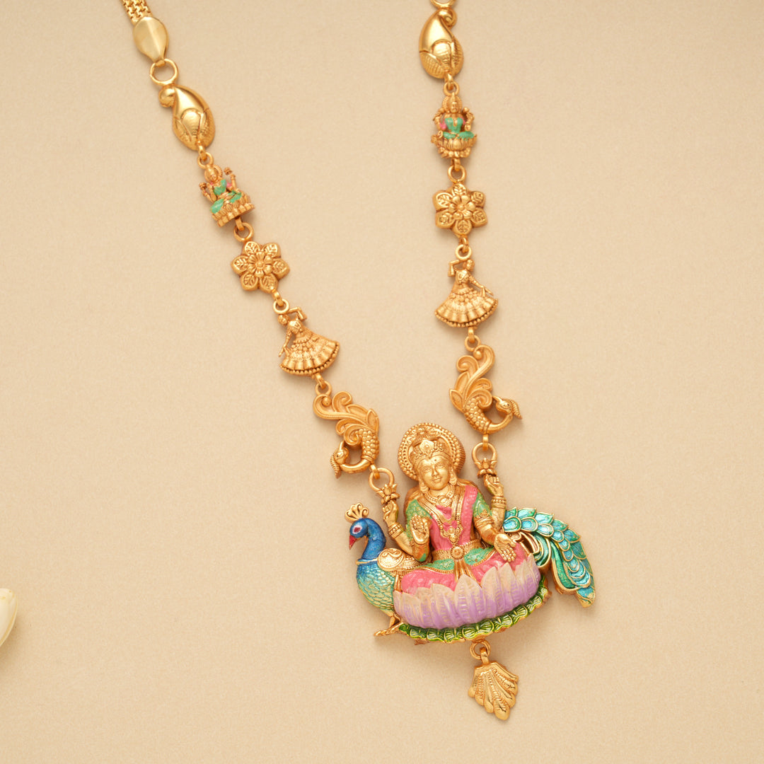 Devotional Lotus Lakshmi Peacock Golden Necklace Set