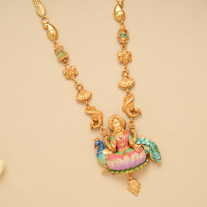 Devotional Lotus Lakshmi Peacock Golden Necklace Set