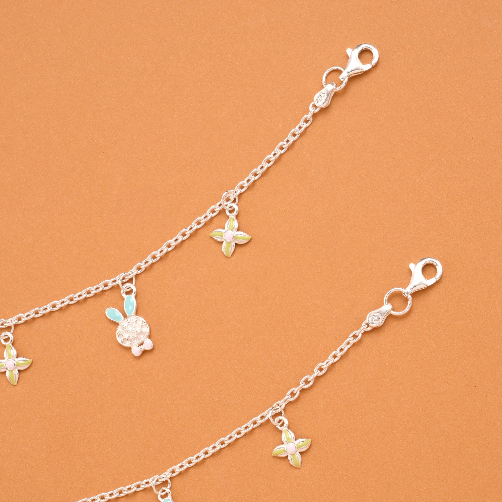 Cute Bunny and Floral Silver Baby Anklets