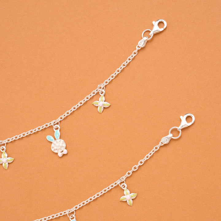Cute Bunny and Floral Silver Baby Anklets