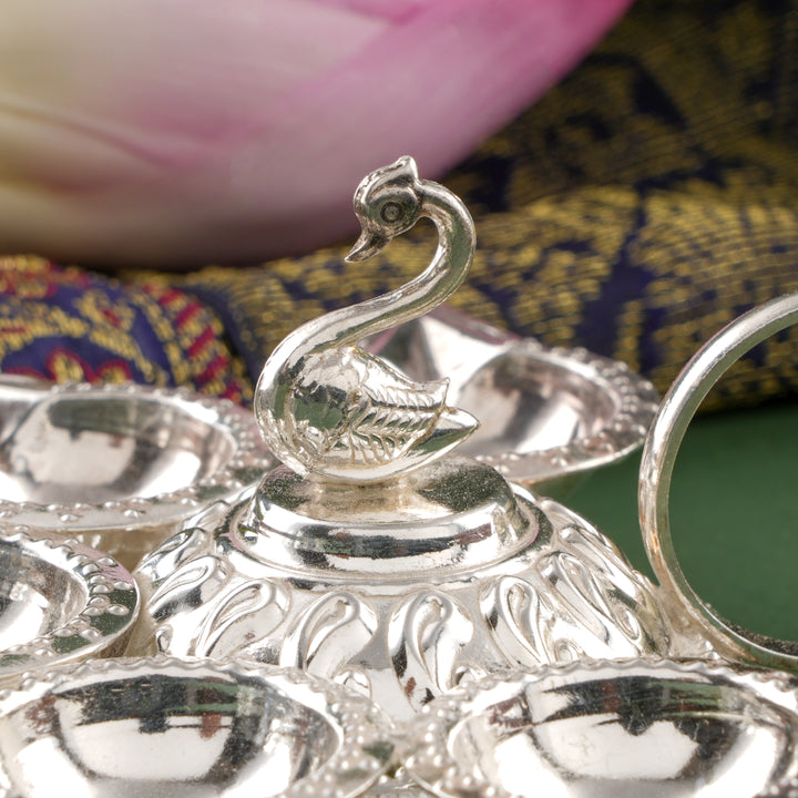 Peacock Design Silver Aarti Lamp