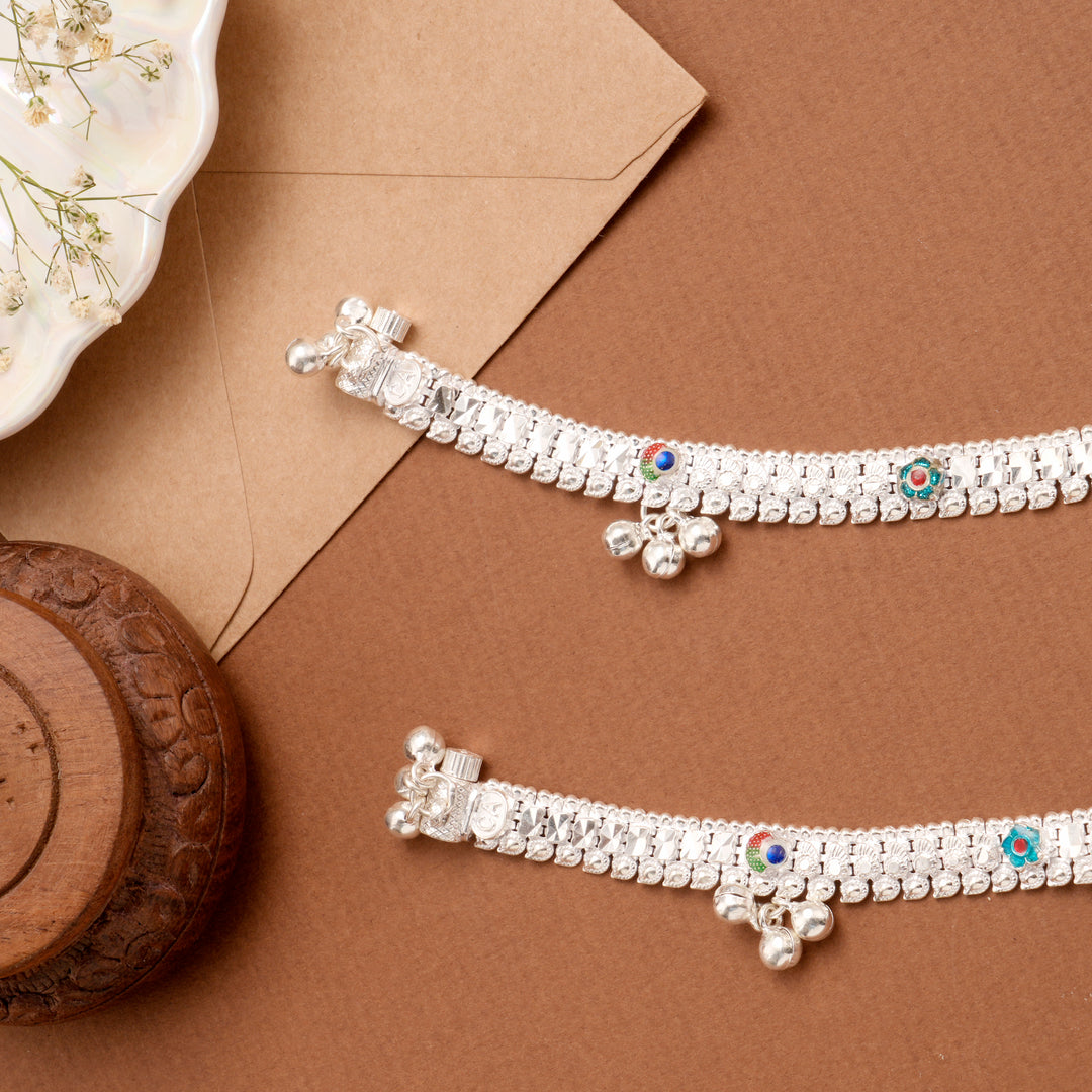Floral Bell Drop Silver Anklet