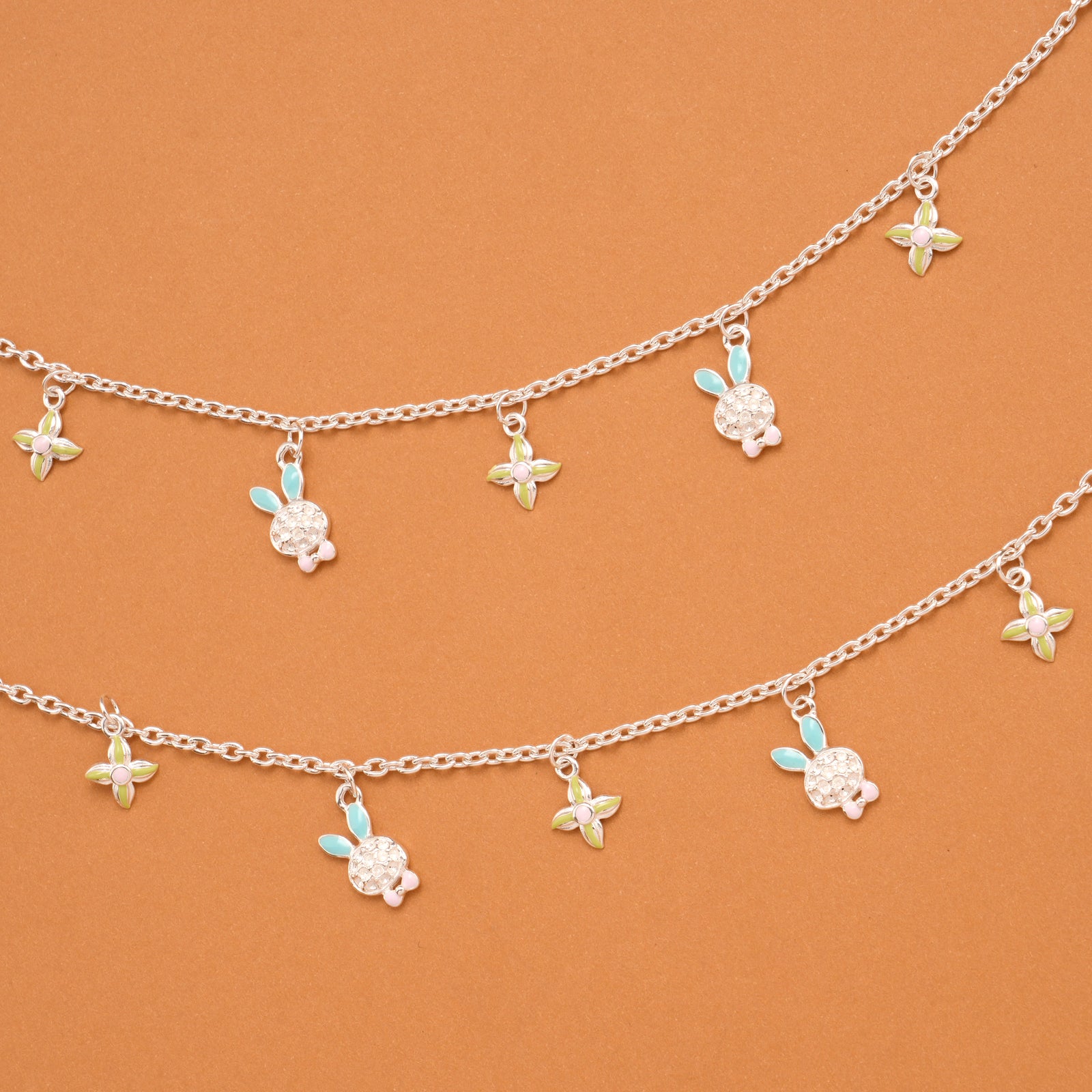 Cute Bunny and Floral Silver Baby Anklets