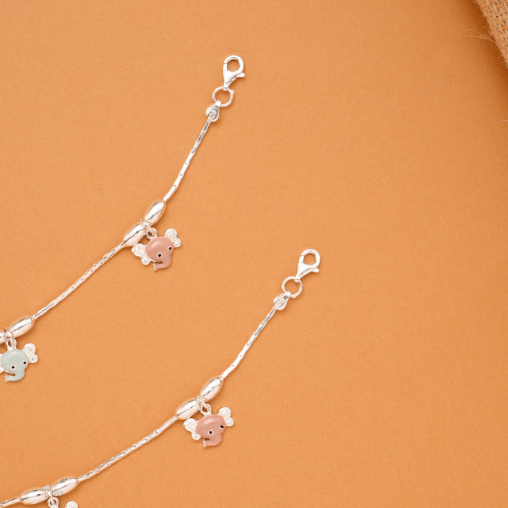 Pink & Blue Elephant Charm Baby Silver Anklet