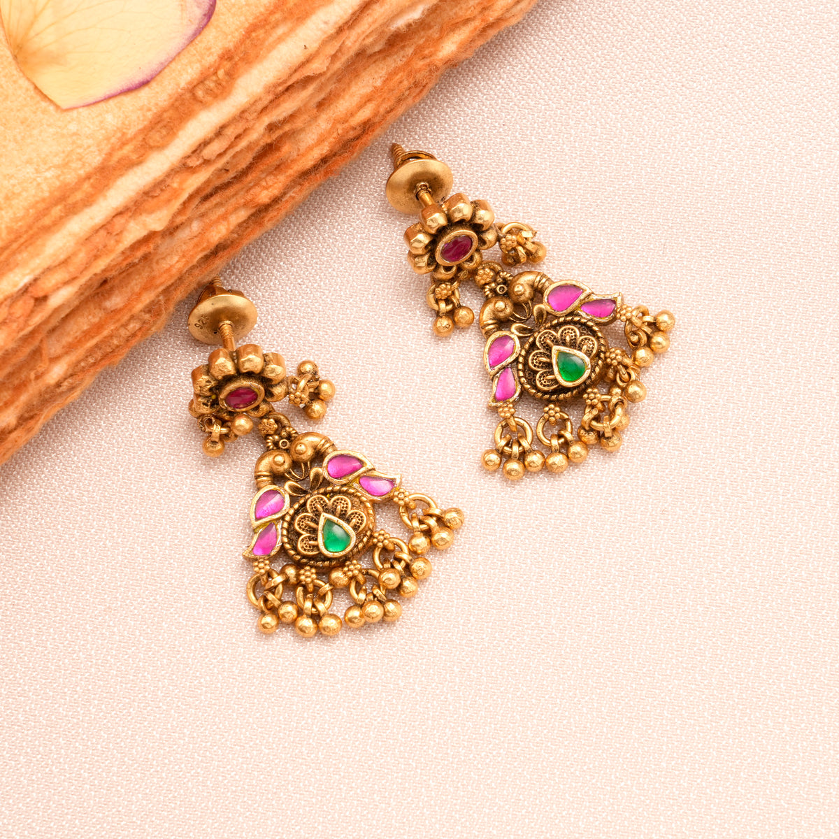 Traditional Dual Peacock Golden Pendant Necklace Set