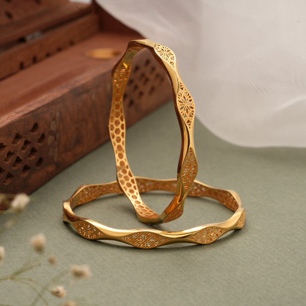 Modern Honeycomb Pattern Gold Bangles