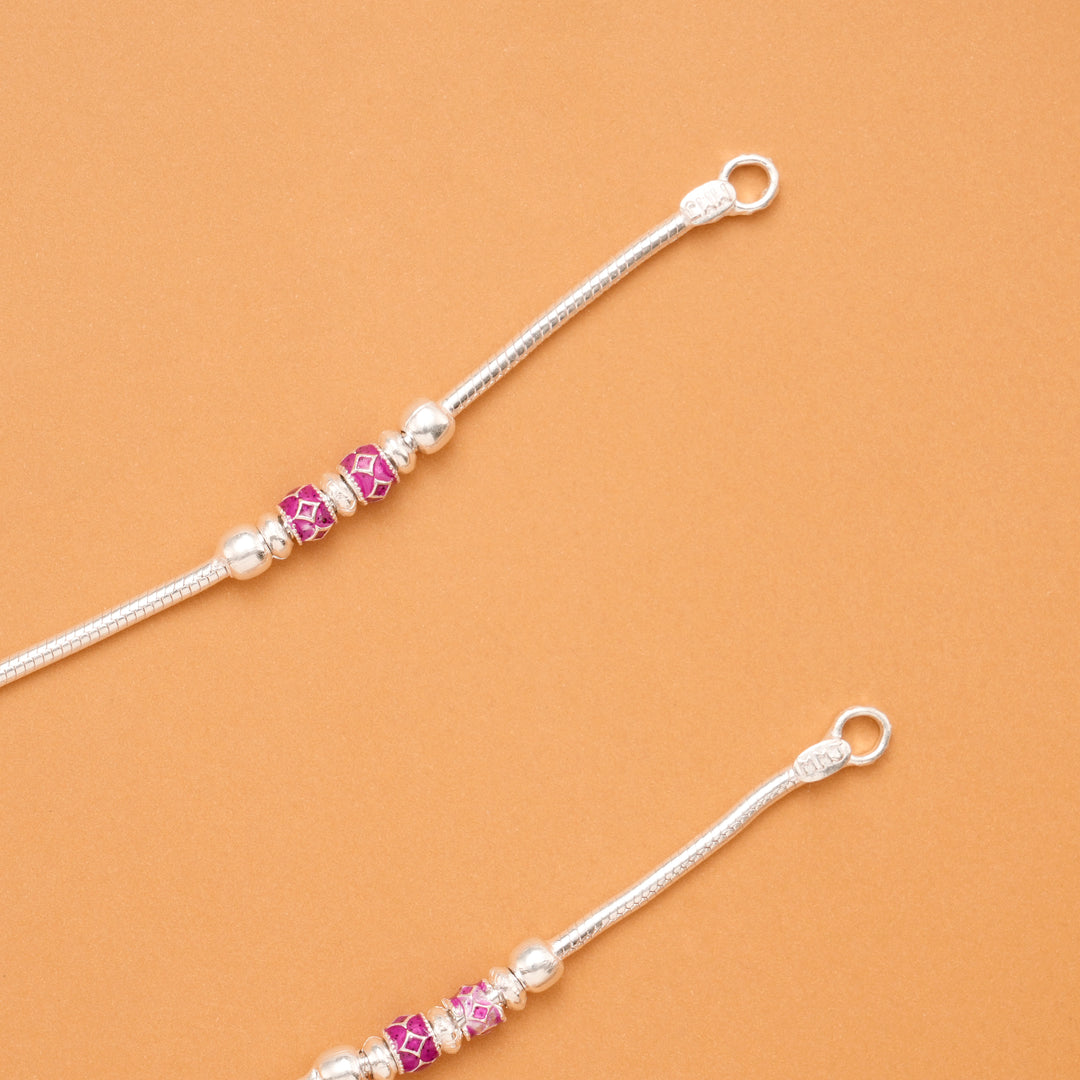 Green & Pink Bead Silver Anklet