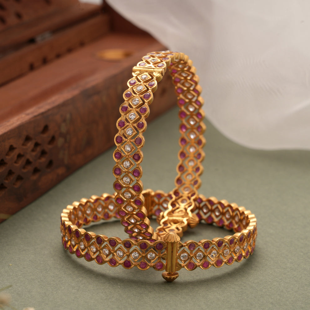 Elite Two Color Stone Screw Gold Kada Bangle