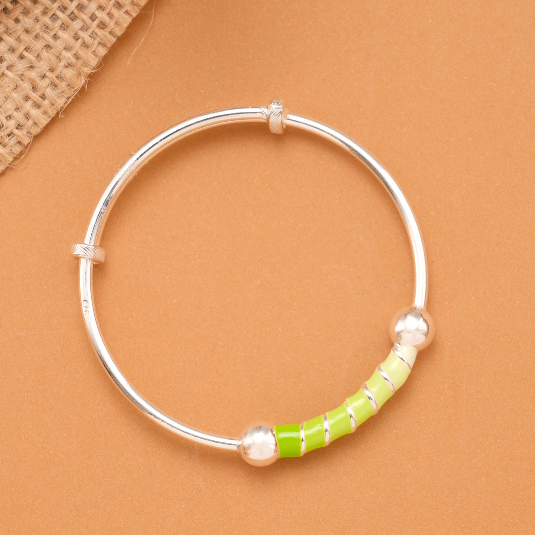 Green Enamel Tube Bead Baby Silver Bangle