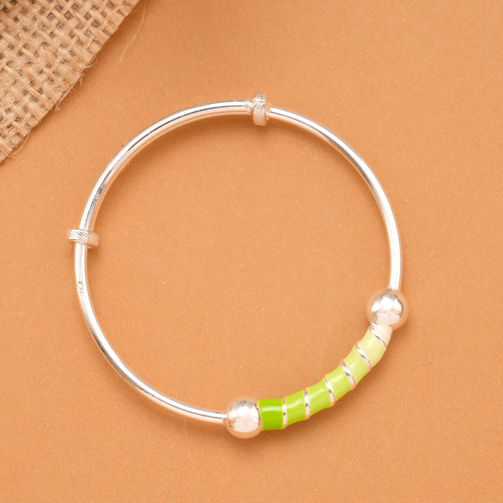 Green Enamel Tube Bead Baby Silver Bangle