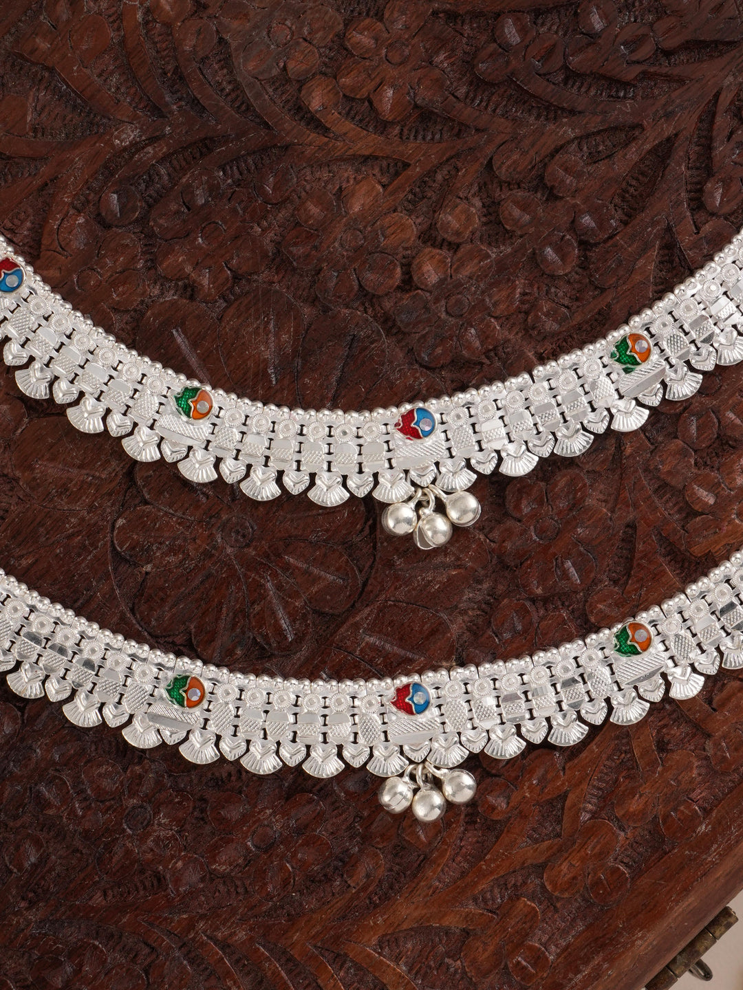 Silver Ethnic Meenakari Silver Anklet