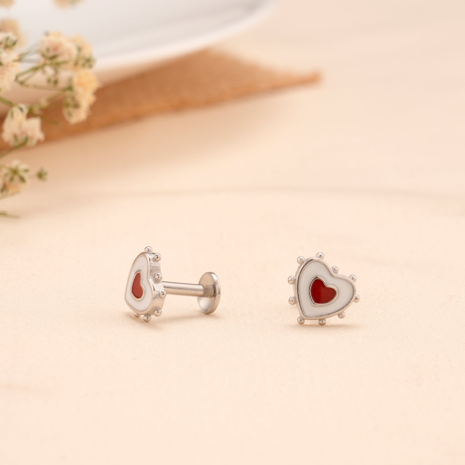 White Red Love Heart Silver Stud