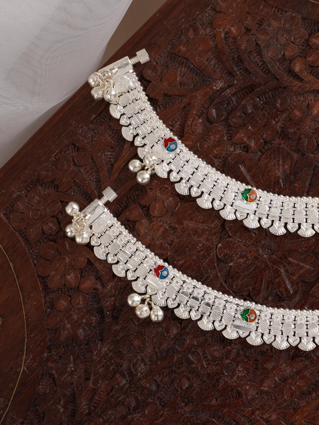 Silver Ethnic Meenakari Silver Anklet