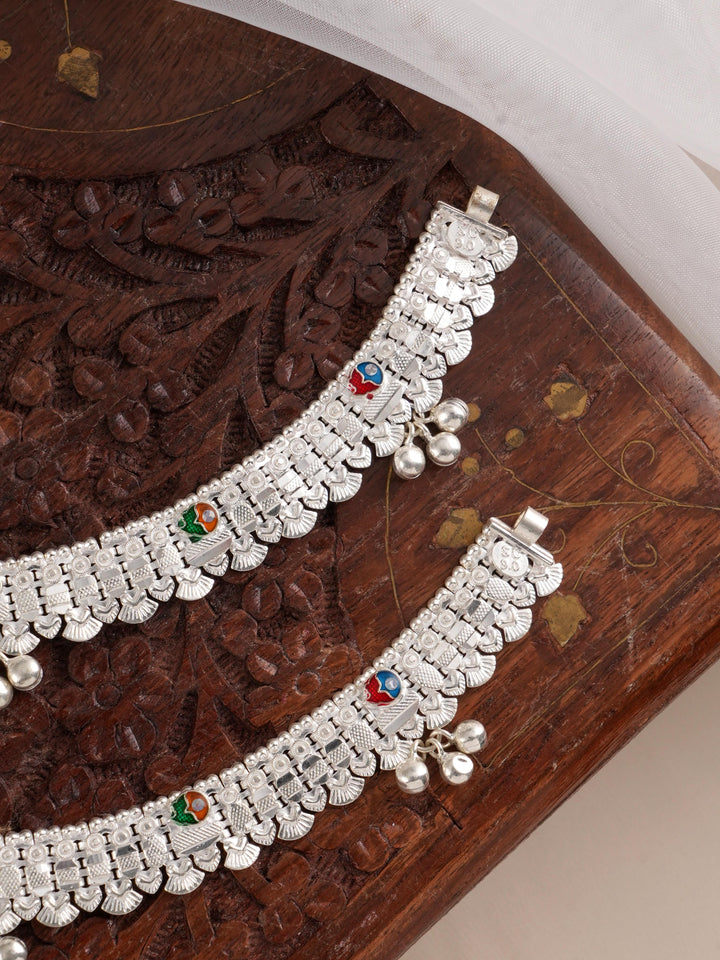 Silver Ethnic Meenakari Silver Anklet