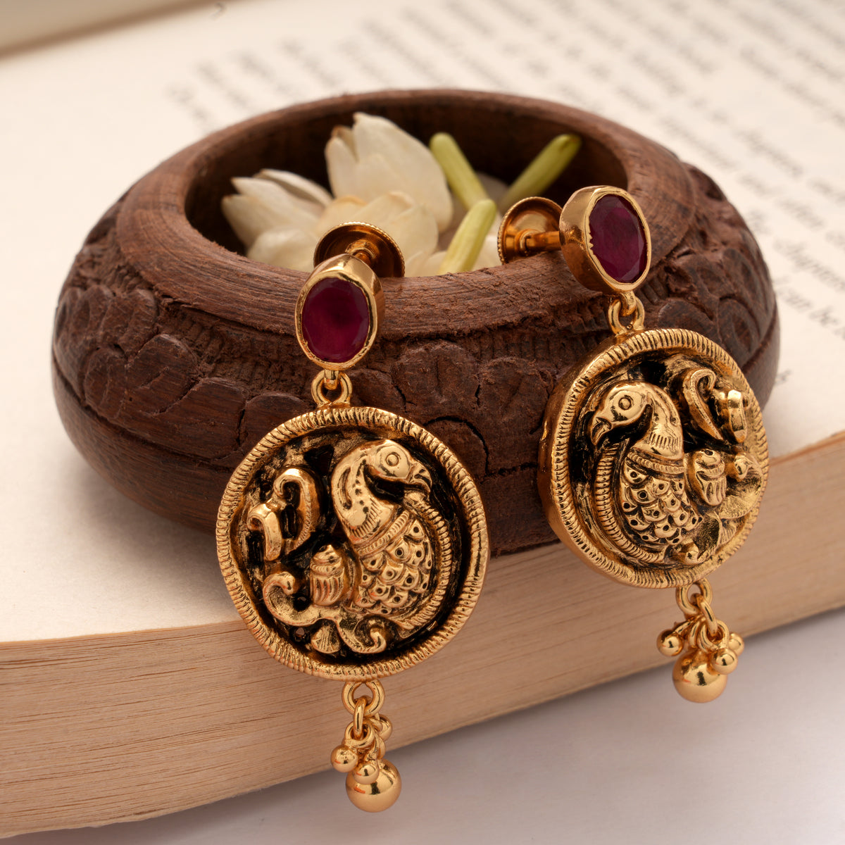 Antique Ruby Stone Annapakshi Golden Earrings
