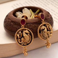 Antique Ruby Stone Annapakshi Golden Earrings