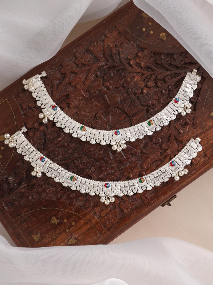 Silver Ethnic Meenakari Silver Anklet