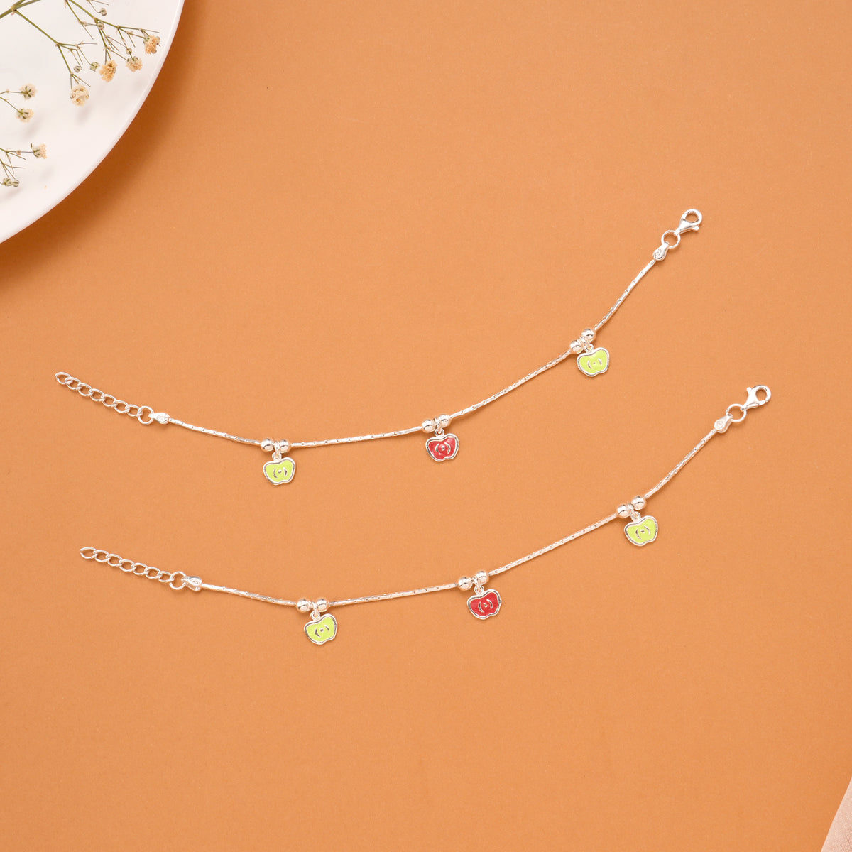 Colourful Triple Apple Silver Baby Anklets