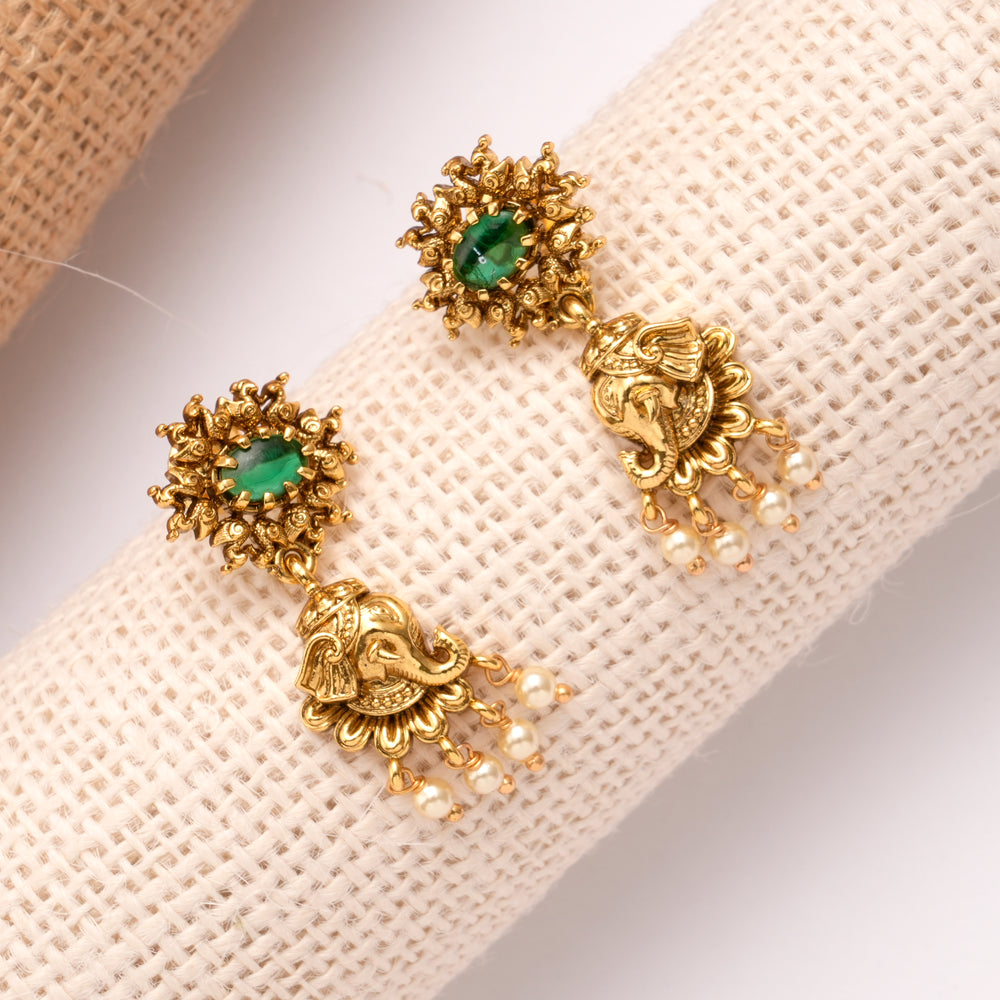 Premium Elephant Emerald Pearl Drop Earrings