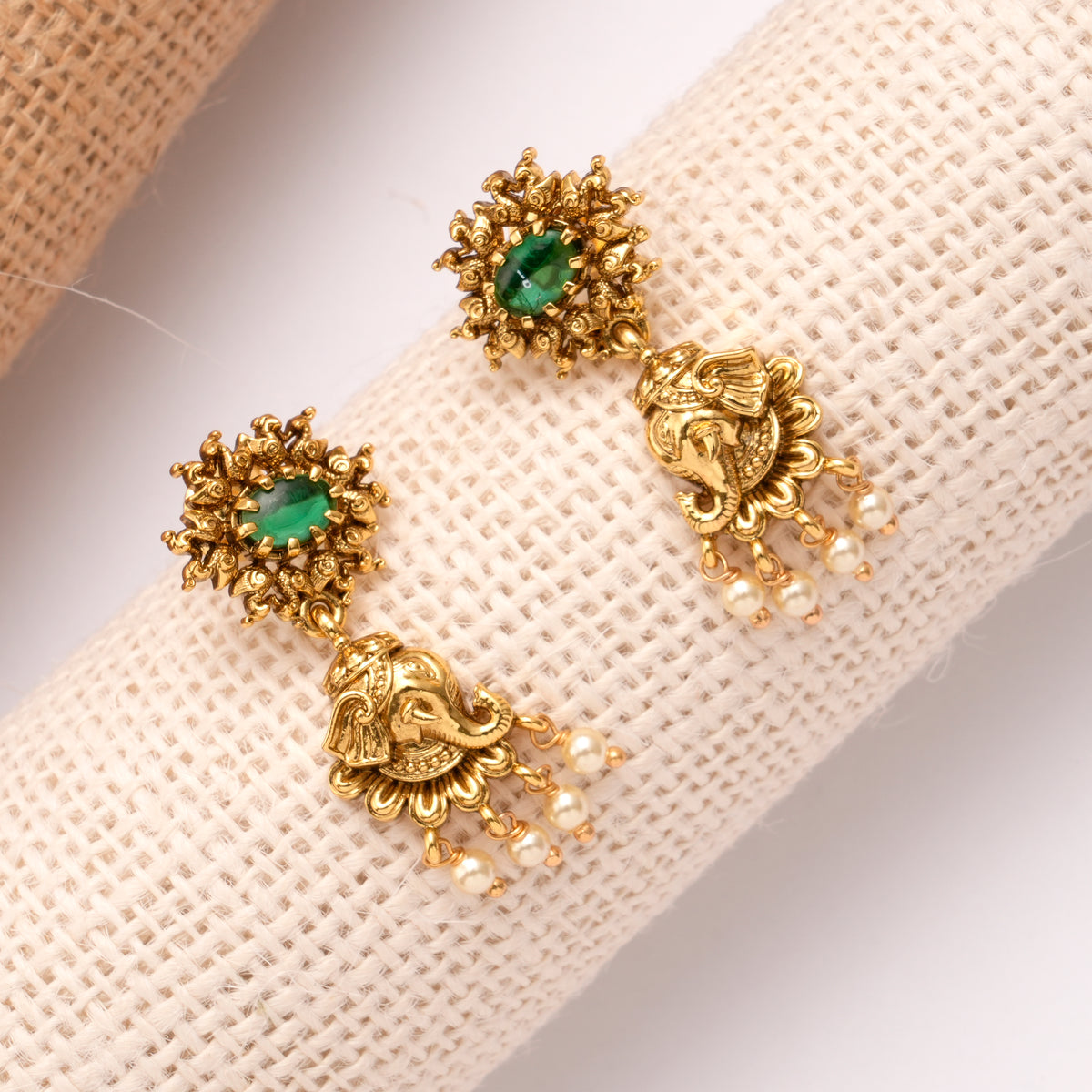 Premium Elephant Emerald Pearl Drop Earrings